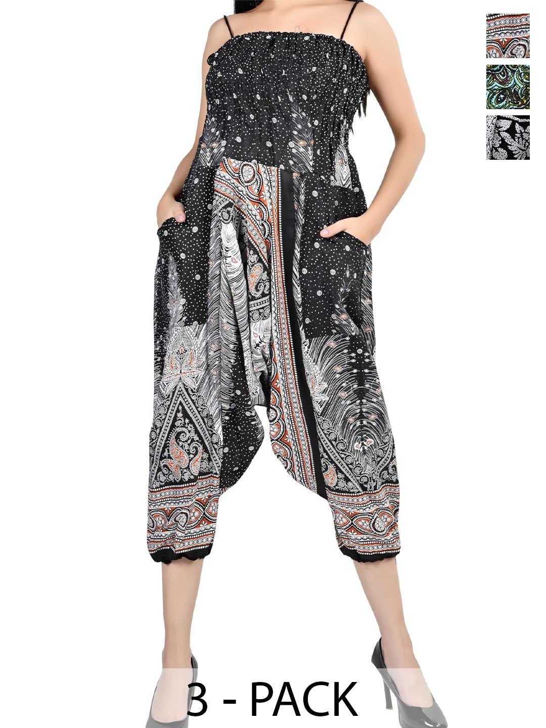

NarNari Women Pack Of 3 Printed Loose Fit Harem Pants, Black