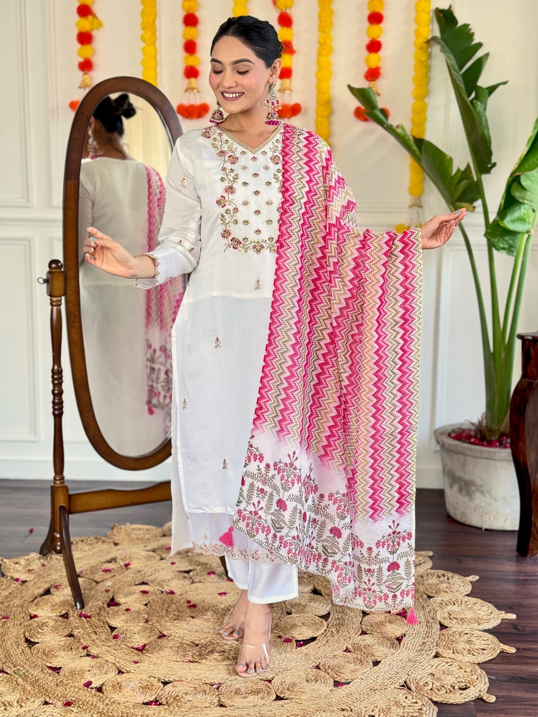 

KALINI Floral Embroidered V-Neck Thread Work Straight Kurta With Trousers And Dupatta, White