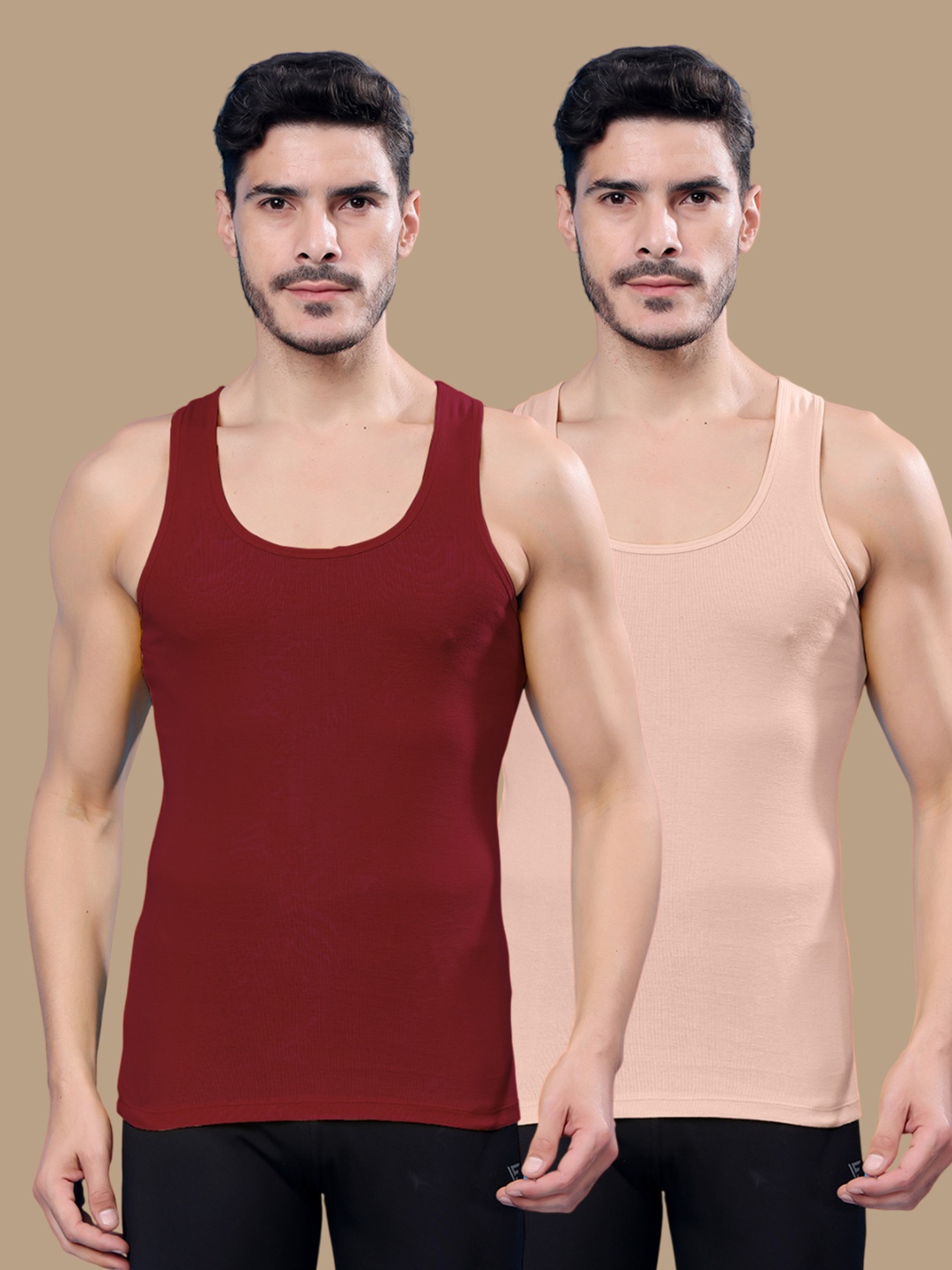 

Friskers Men Pack Of 2 Cotton Ribbed Gym Vests, Maroon