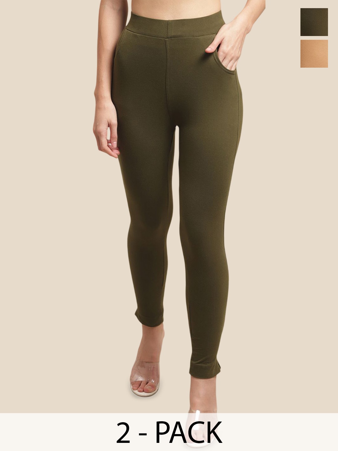 

Valles365 by S.C. Pack Of 2 Women Cotton Ankle-Length Leggings, Beige