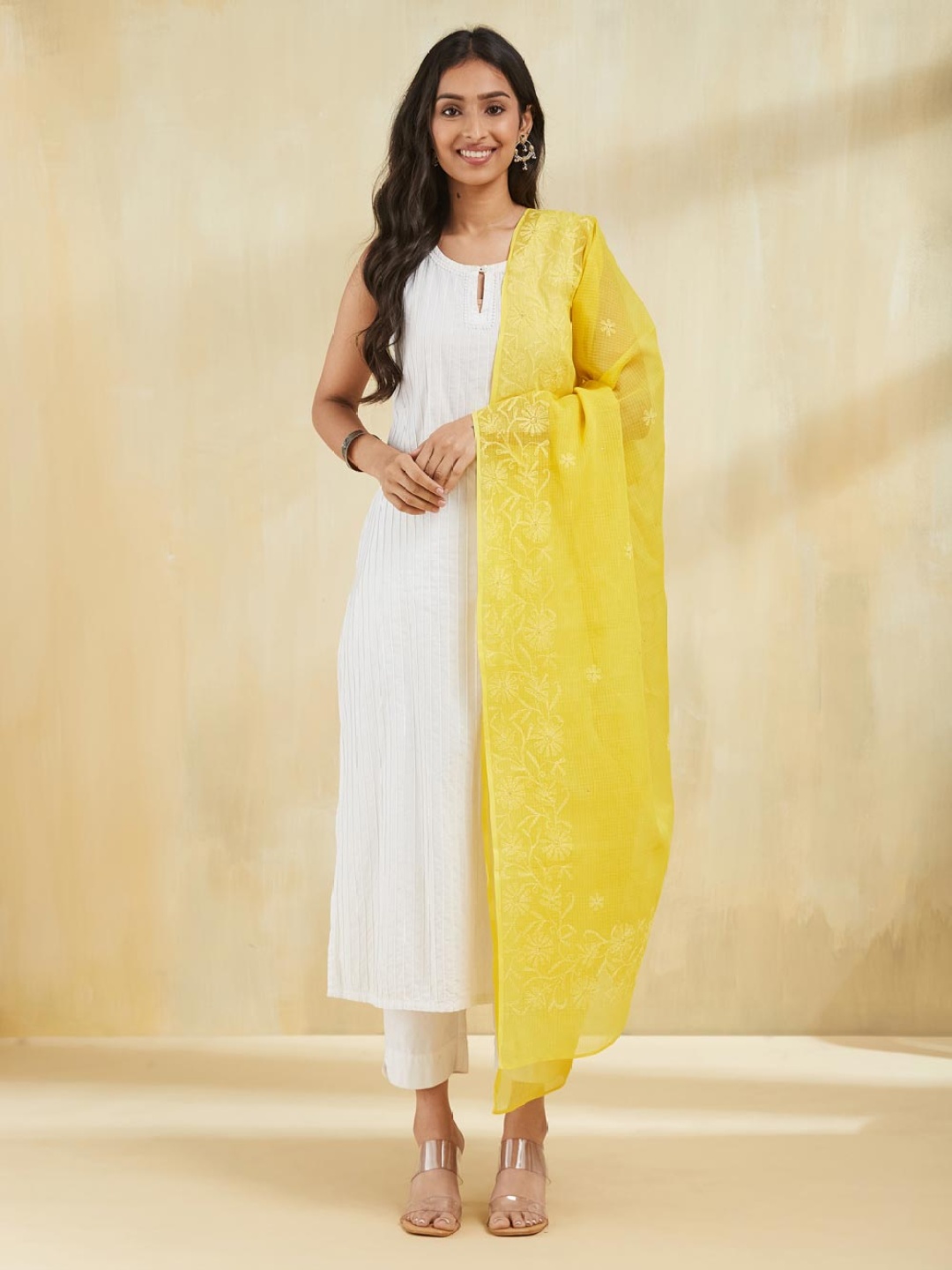 

Fabindia Floral Embroidered Cotton Silk Dupatta With Chikankari, Yellow