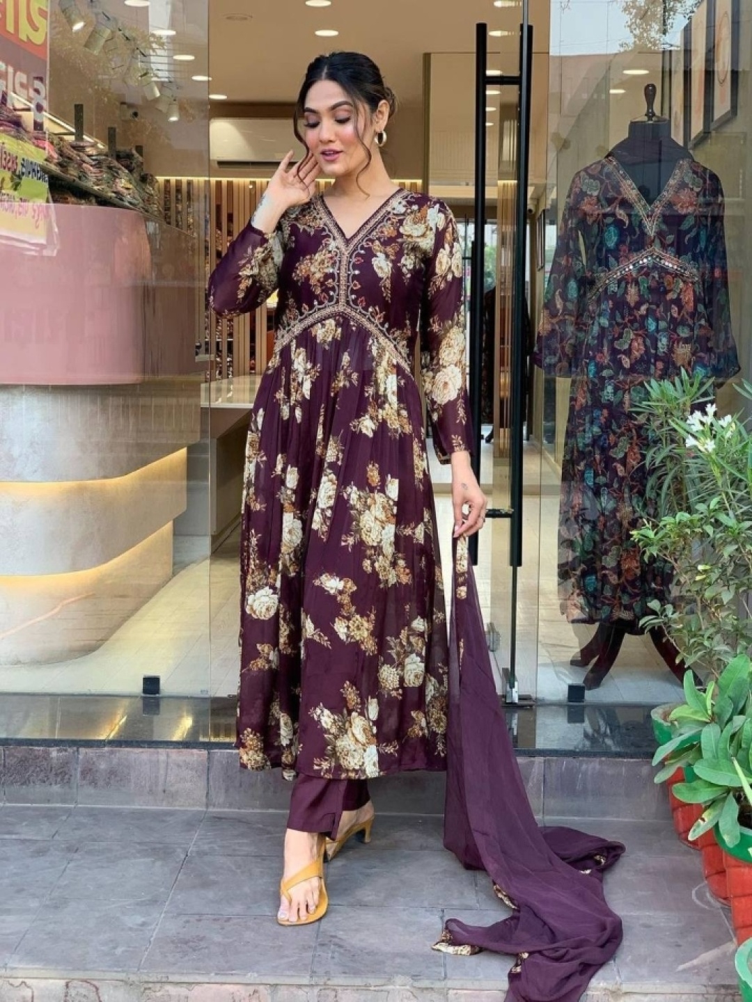 

KALINI Flora Printed V Neck A-Line Kurta With Trouser And Dupatta, Maroon