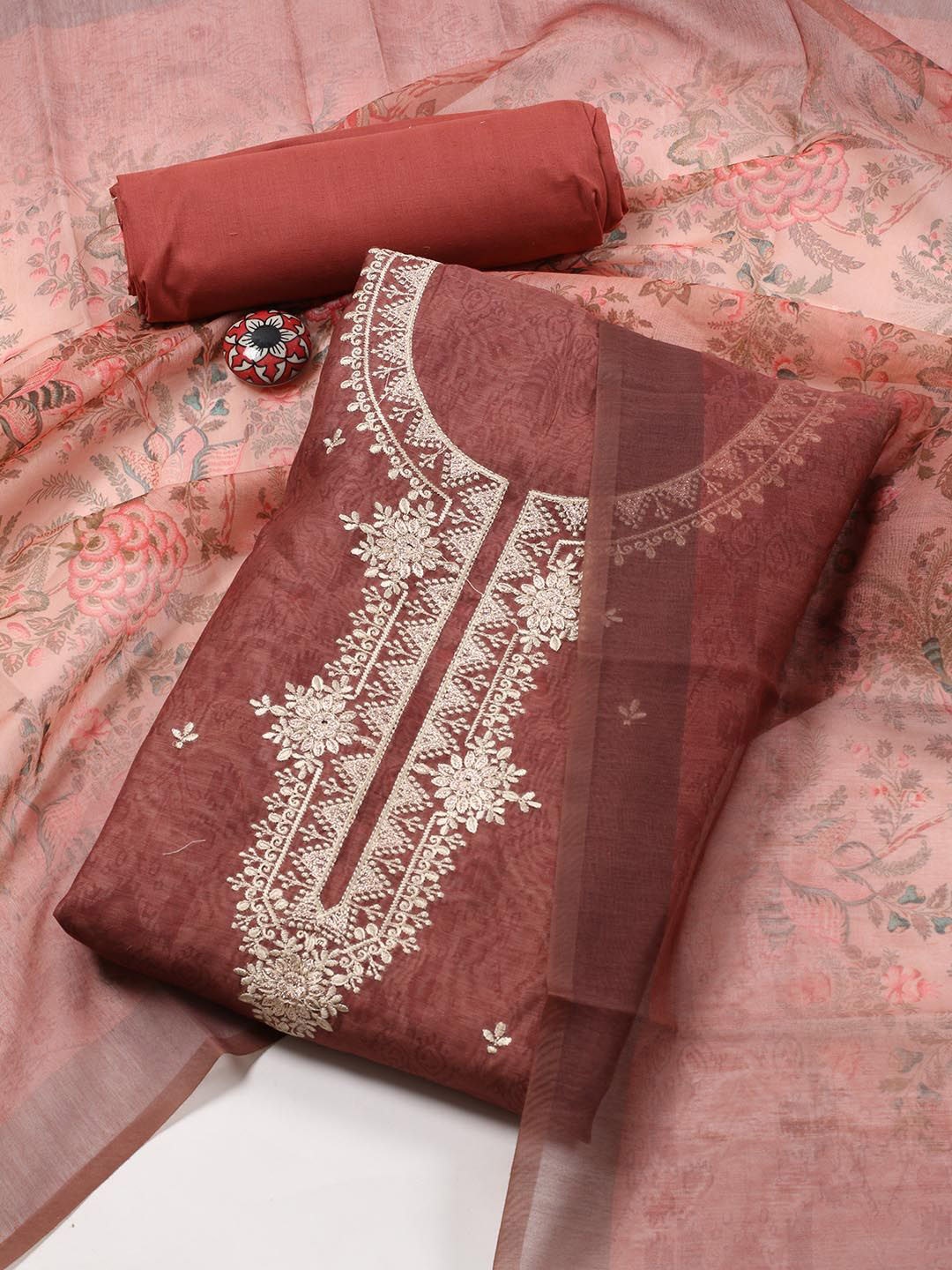 

Meena Bazaar Printed Art Silk Unstitched Dress Material, Rust