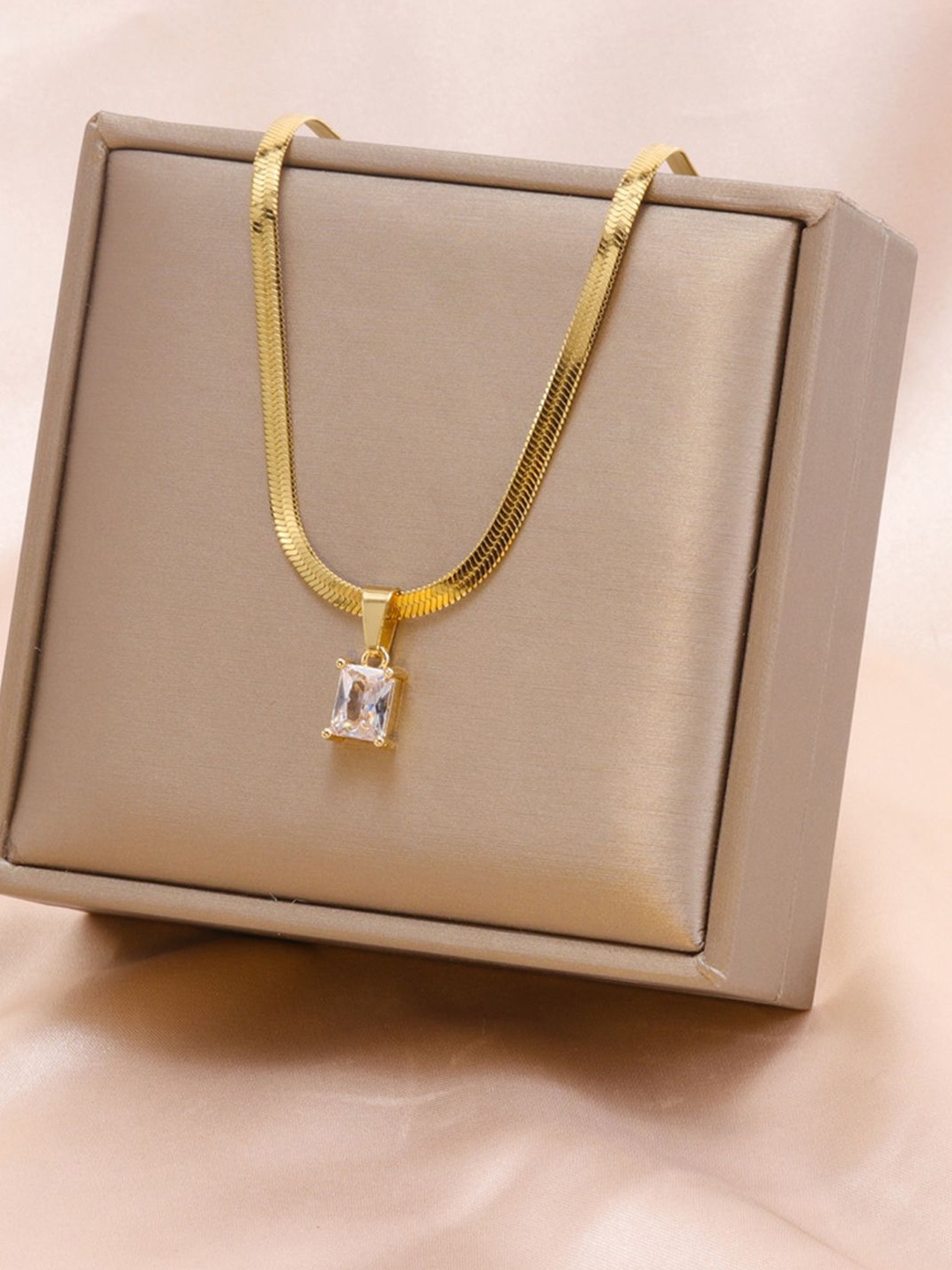 

Just Lil Things Gold-Plated Artificial Stones Studded Square ShapedPendants with Chains, White