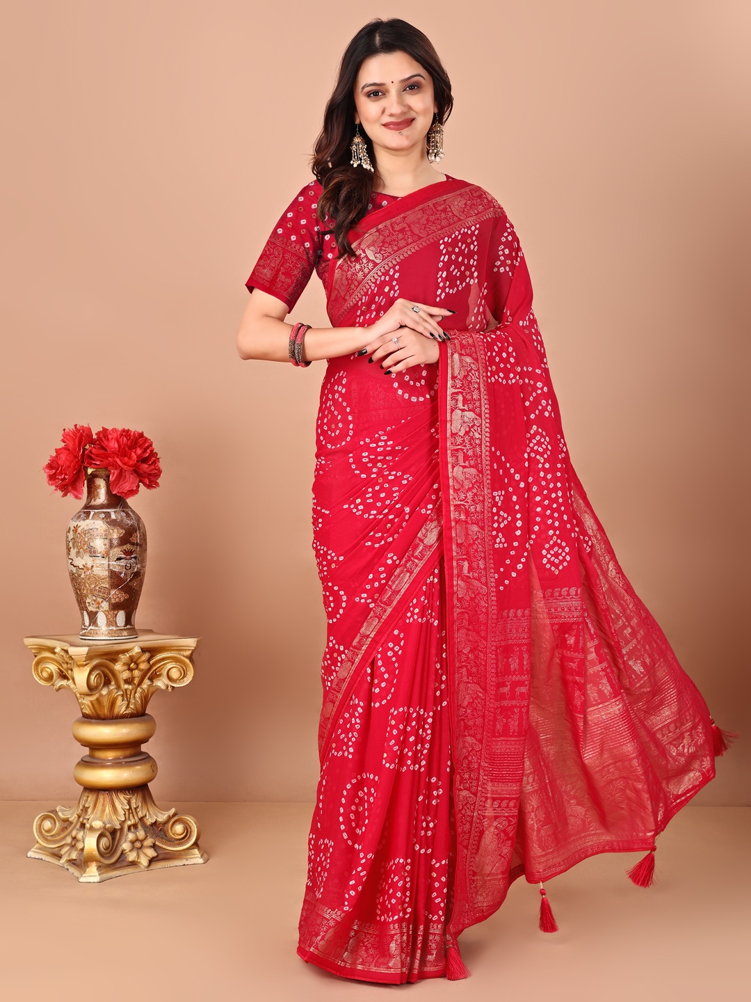 

Panzora Bandhani Poly Chiffon Bandhani Saree With Unstitched Blouse Piece, Red