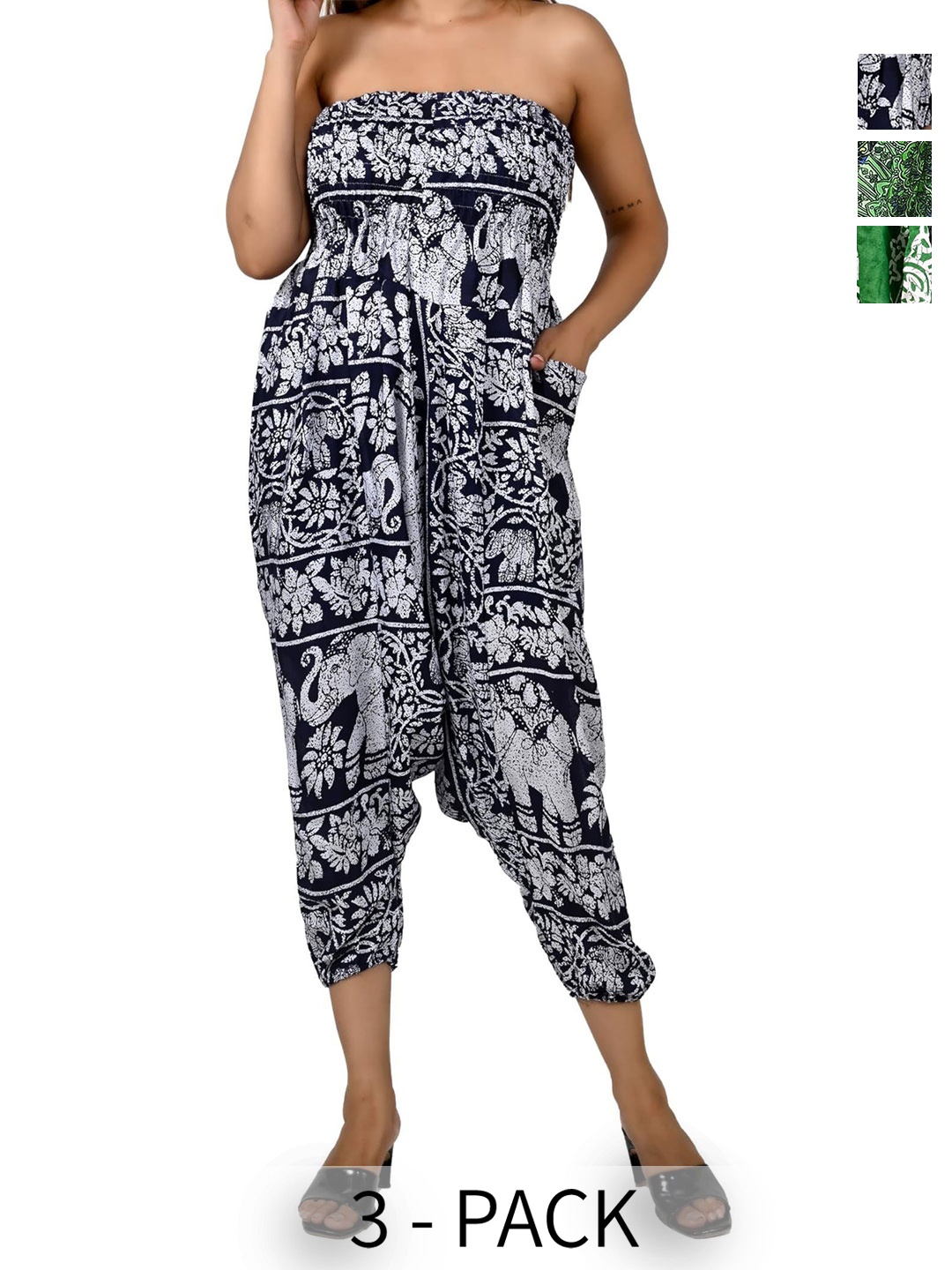 

NarNari Women Pack Of 3 Ethnic Motifs Printed Mid-Rise Harem Pants, Green