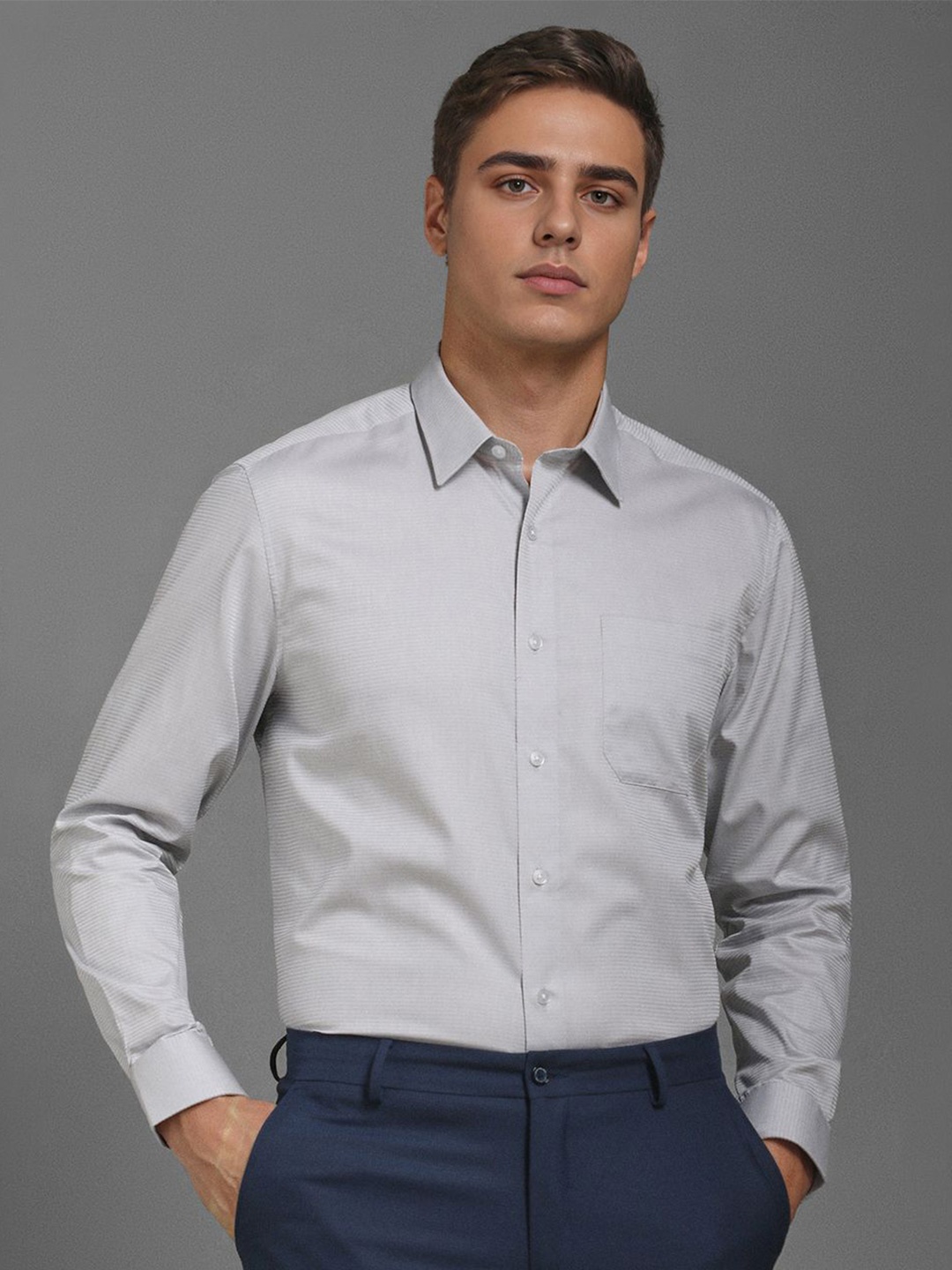 

Louis Philippe Men Classic Fit Spread Collar Horizontal Striped Cotton Formal Shirt, Grey