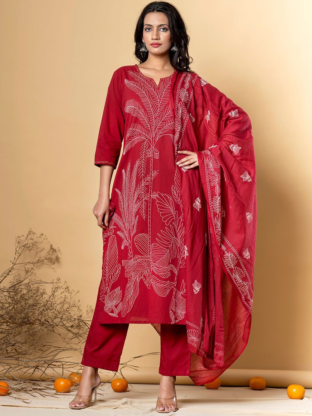 

Readiprint Floral Printed Straight Pure Cotton Kurta With Trousers And Dupatta, Red