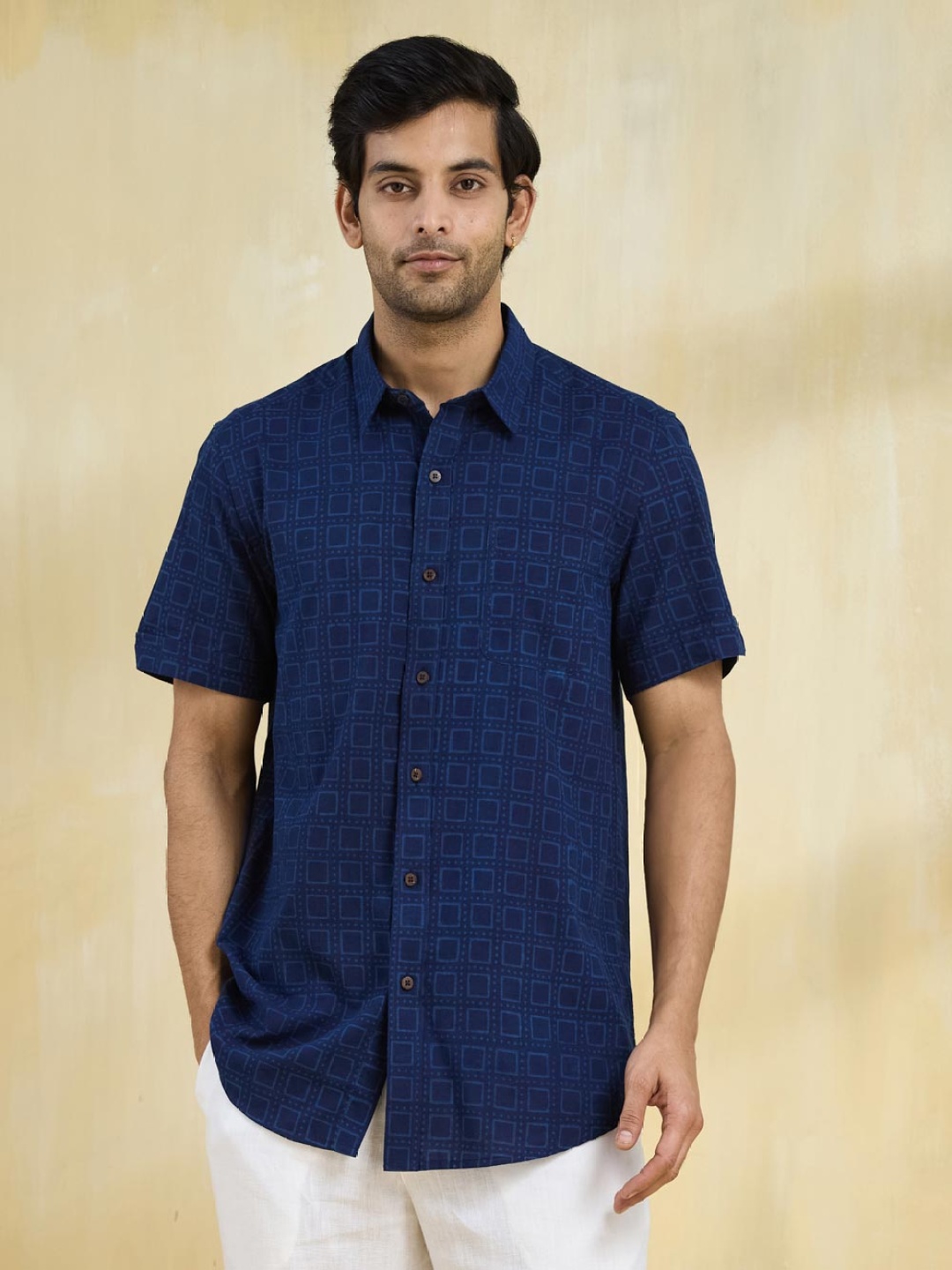 

Fabindia Women Relaxed Fit Spread Collar Checked Cotton Casual Shirt, Blue
