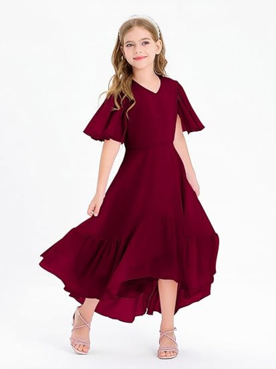 

R Cube Puff Sleeve Ruffled Georgette Fit & Flare Dress, Maroon