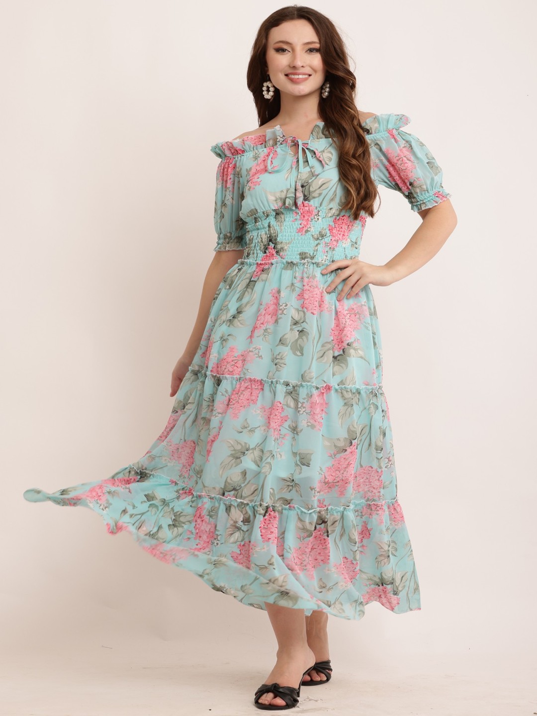 

BAESD Women Floral Printed Georgette Fit & Flare Midi Dress, Sea green
