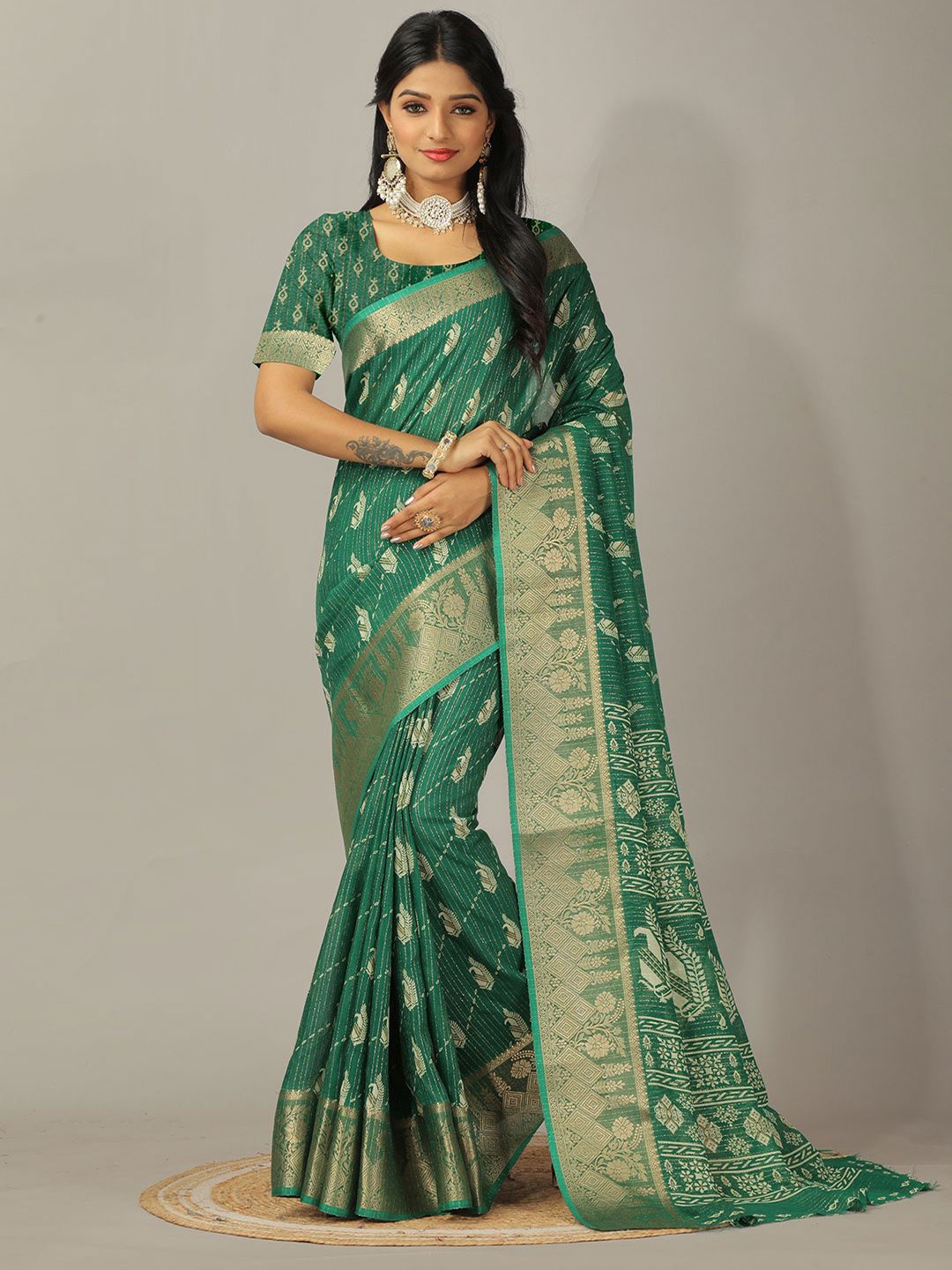 

NIRMAL CREATION Ethnic Motifs Zari Pure Cotton Saree, Green