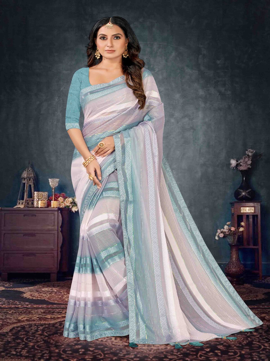 

SANJANA SILK Striped Sequinned Maheshwari Saree, Teal