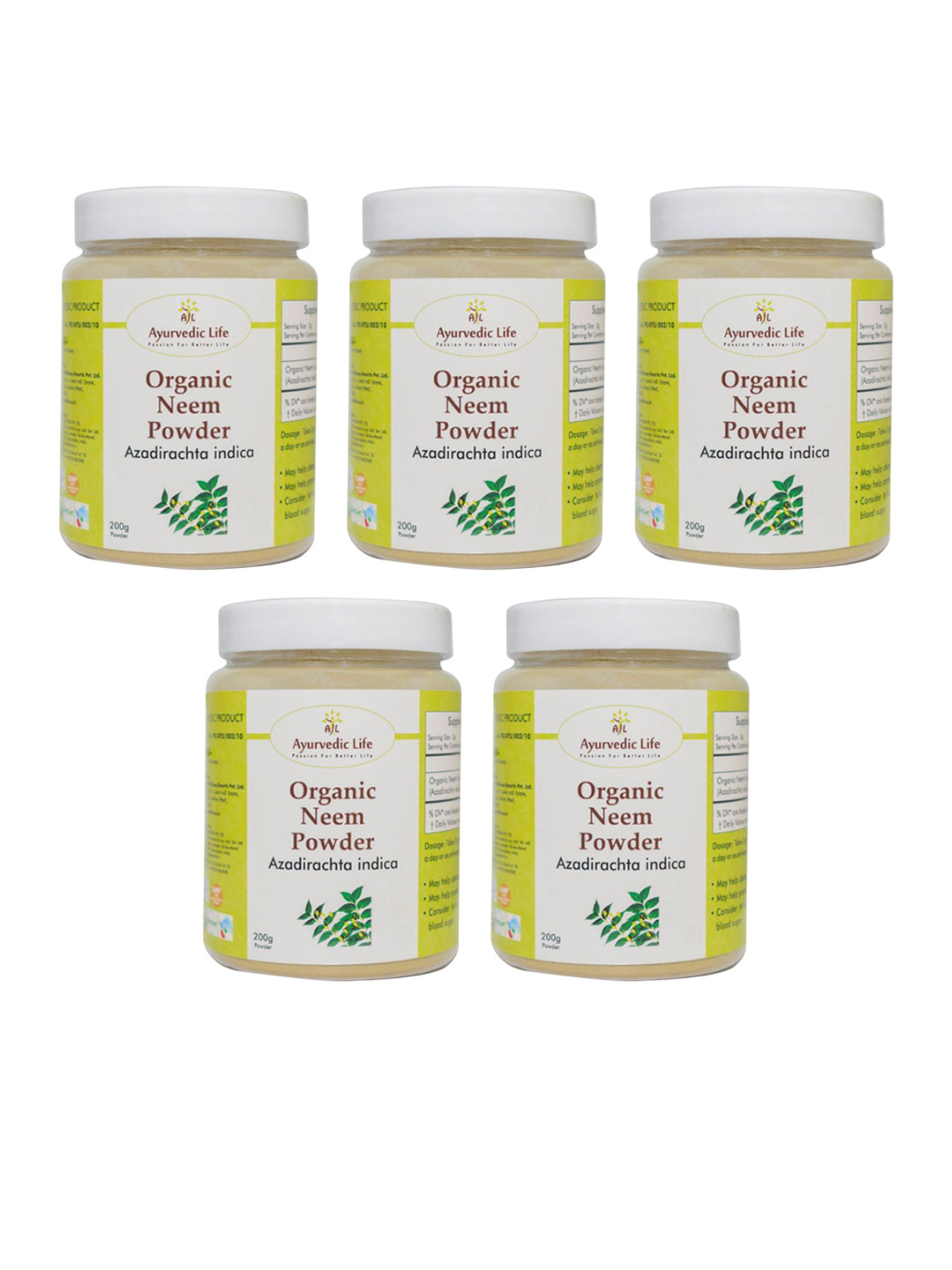 

Ayurvedic Life Set Of 5 Organic Neem Powder - 200 g Each, White