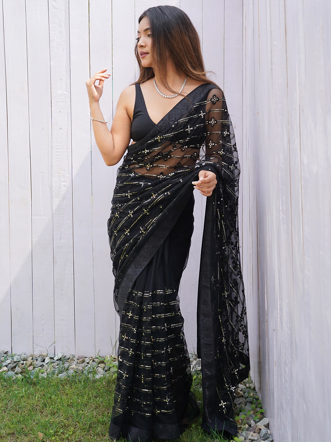 

Mitera Embellished Sequinned Net Saree, Black