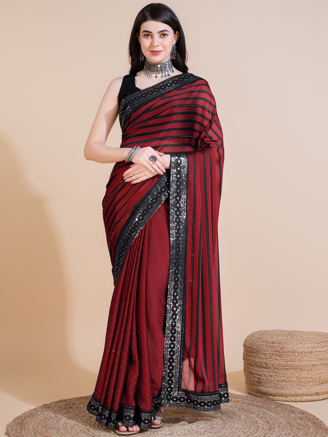 

Mitera Striped Sequinned Silk Blend Saree, Maroon