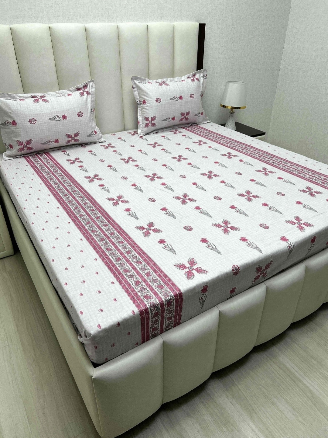 

Pure Decor White & Pink Ethnic Motifs 330 TC Queen Bedsheet Set- 2.28 m x 2.54 m