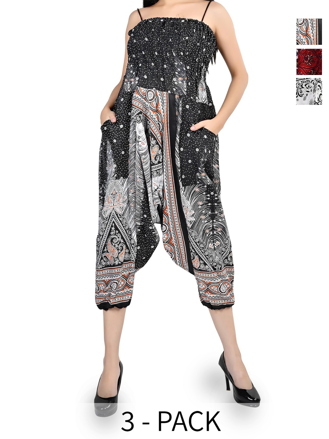 

NarNari Women Pack Of 3 Printed Mid-Rise Harem Pants, Black
