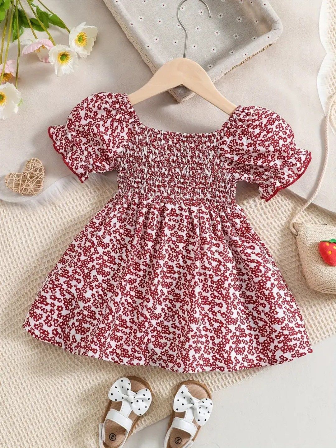 

BAESD Floral Striped Puff Sleeve Fit & Flare Dress, Red