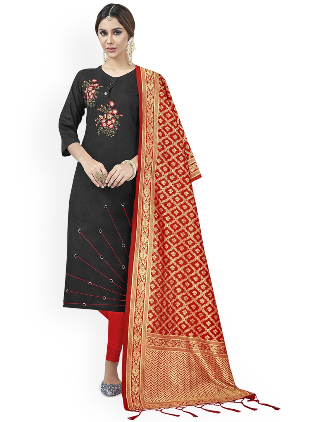 

HERE&NOW Floral Embroidered Unstitched Dress Material, Black