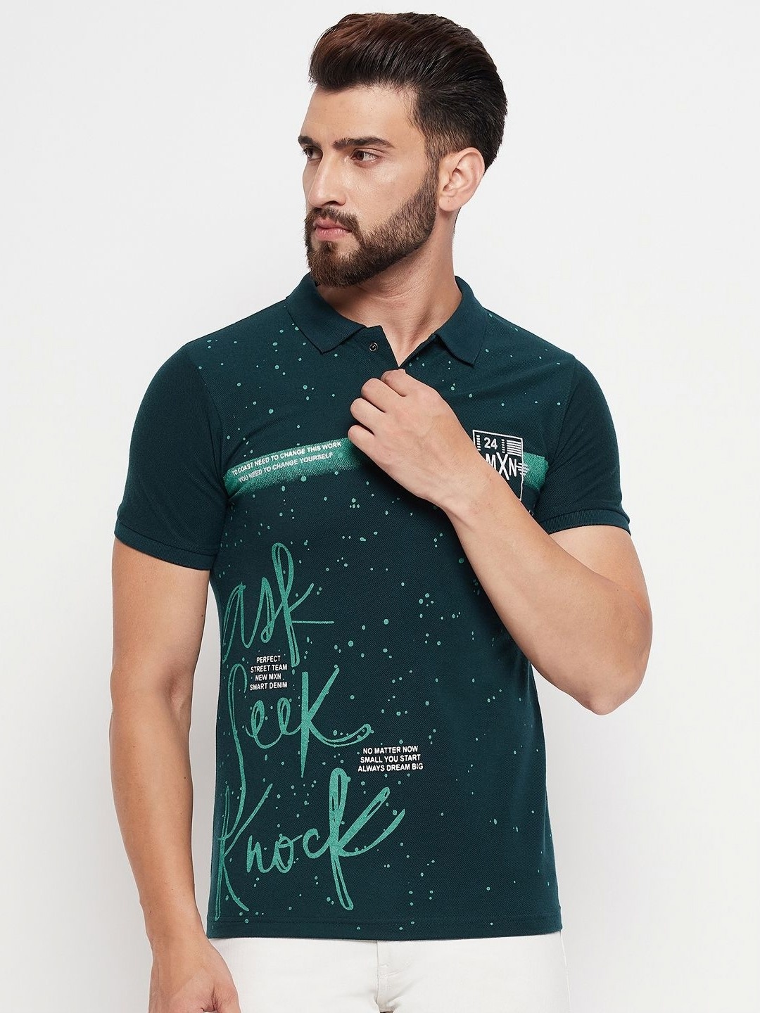 

NYKER Men Printed Polo Collar Raw Edge T-shirt, Green