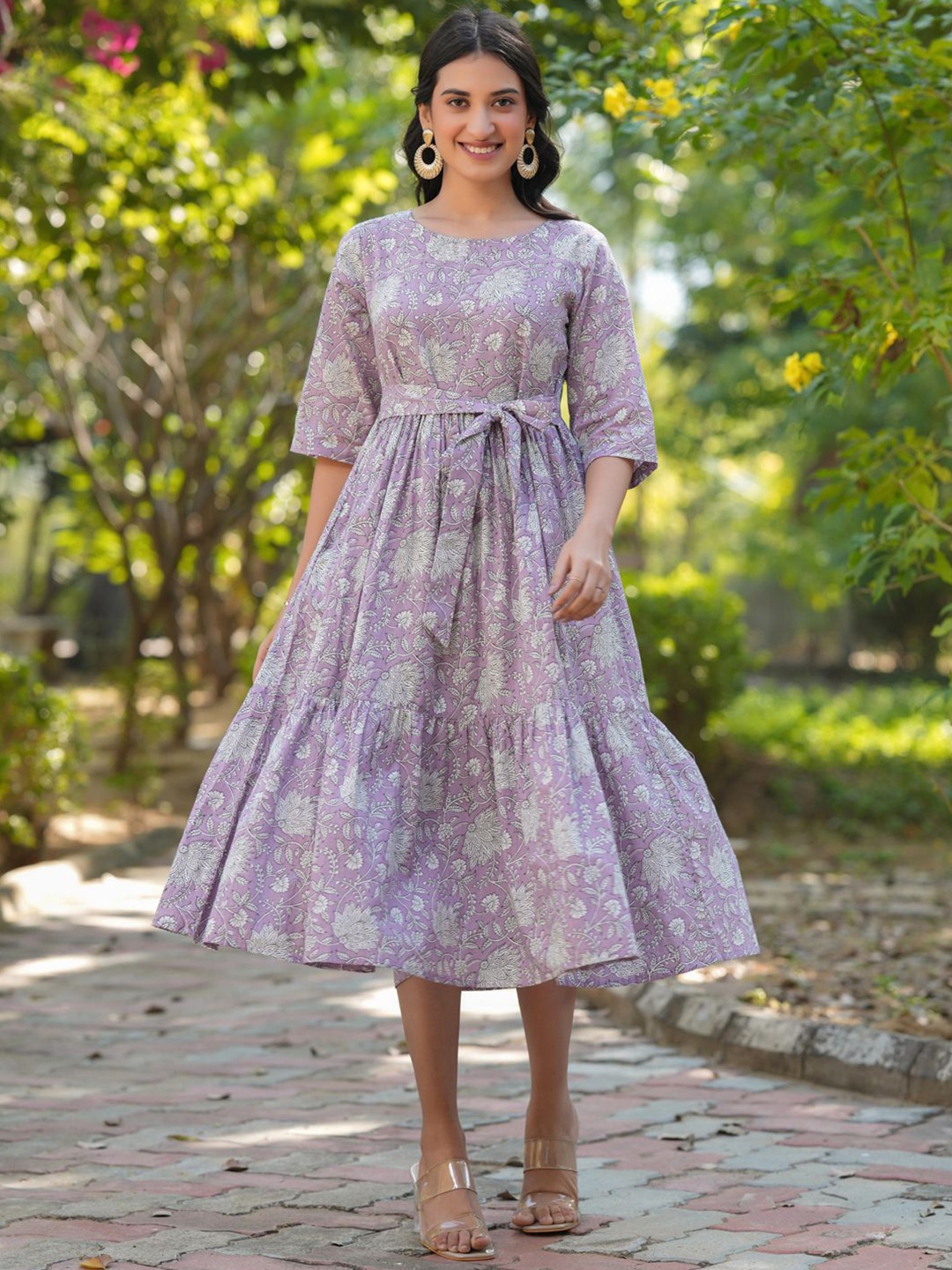 

Janasya Women Lavender Pure Cotton Floral Printed Tiered Dress
