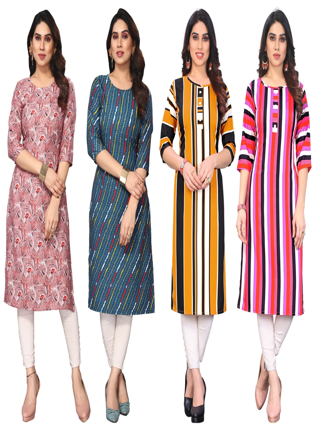 

KETAKI FASHION Selection Of 4 Abstract Printed Round Neck Straight Kurtas, Pink