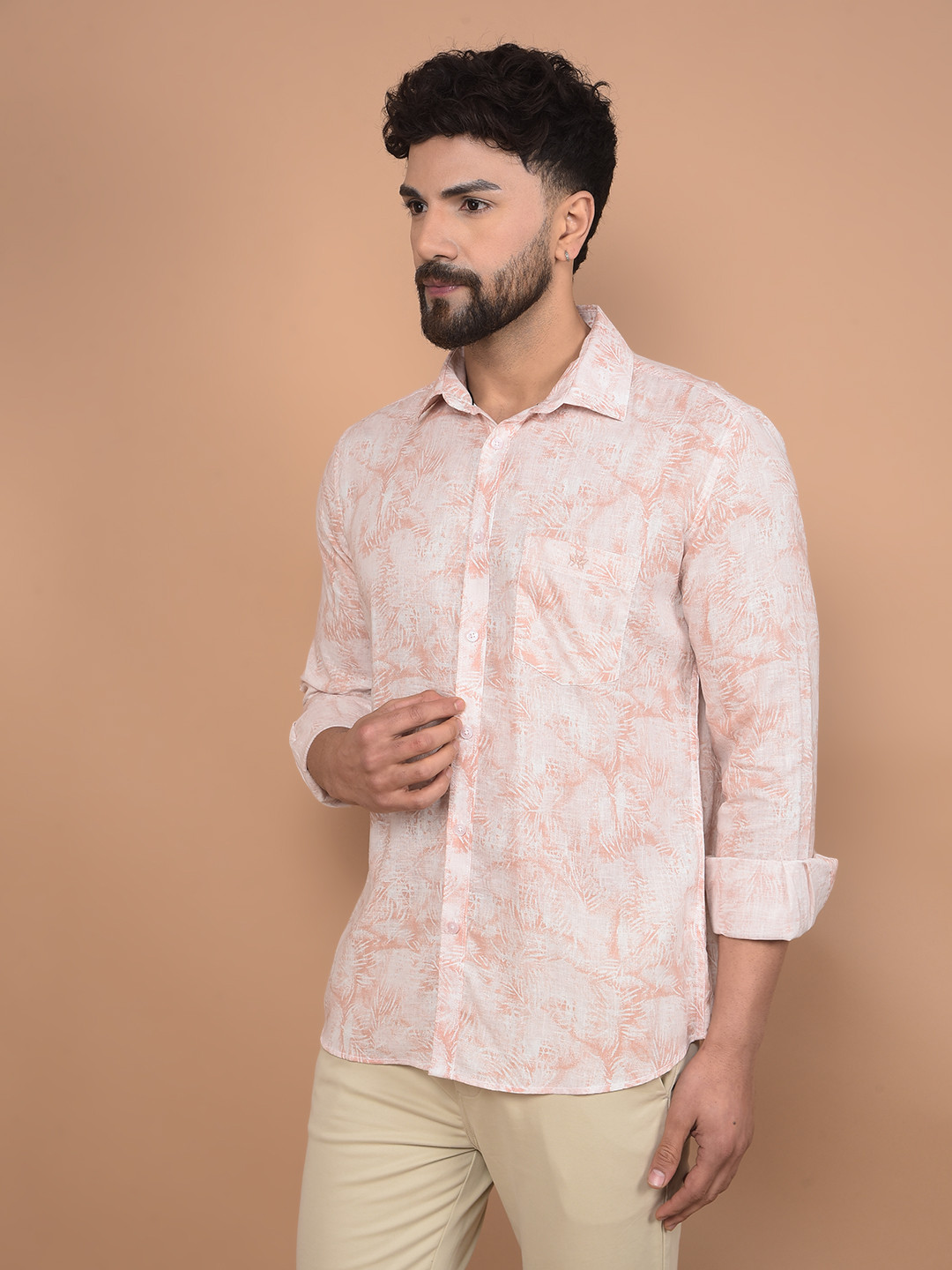 

Crimsoune Club Men Premium Slim Fit Spread Collar Floral Printed Cotton Casual Shirt, White