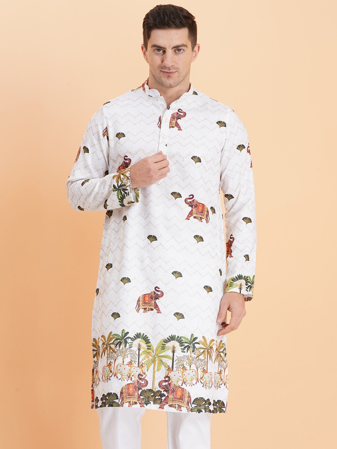 

SG LEMAN Men Ethnic Motifs Printed Thread Work Kurta, Beige