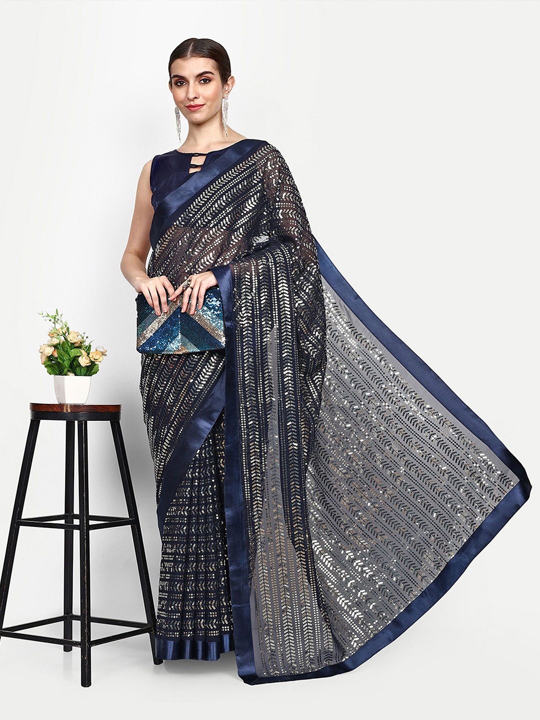 

Moda Rapido Striped Sequinned Pure Georgette Saree, Blue