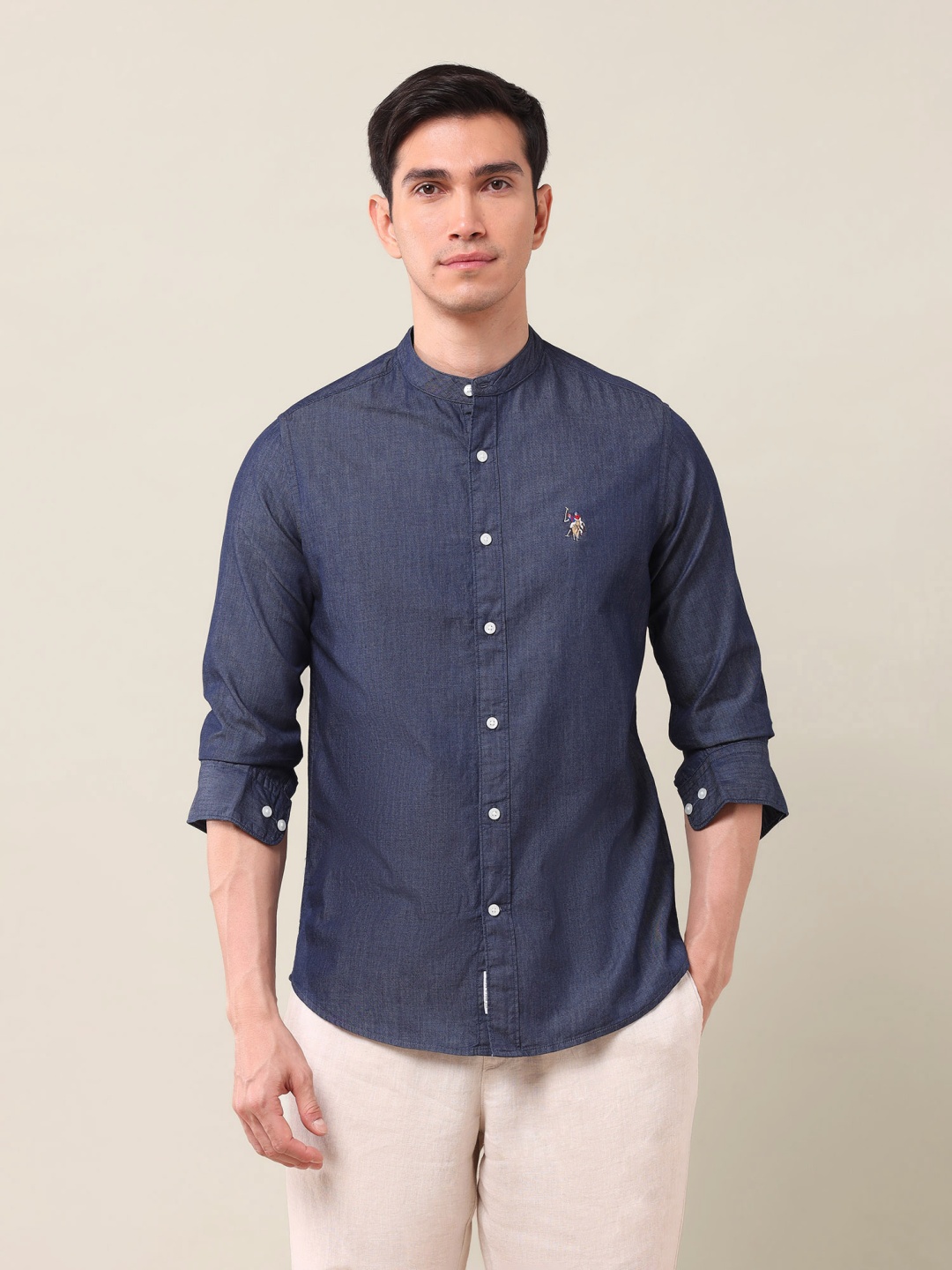 

U.S. Polo Assn. Men Classic Fit Band Collar Solid Cotton Casual Shirt, Navy blue