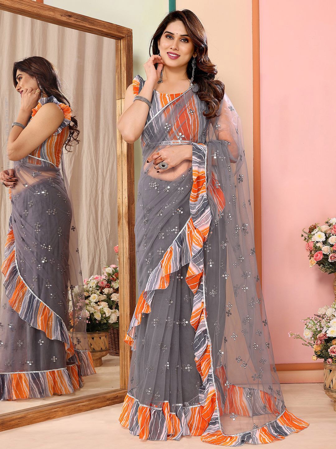 

Mitera Ethnic Motifs Mirror Work Net Saree, Grey