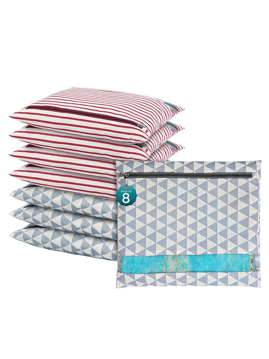

Kuber Industries Grey & White 8 Pieces Striped Mesh Cotton Saree Covers Organizers