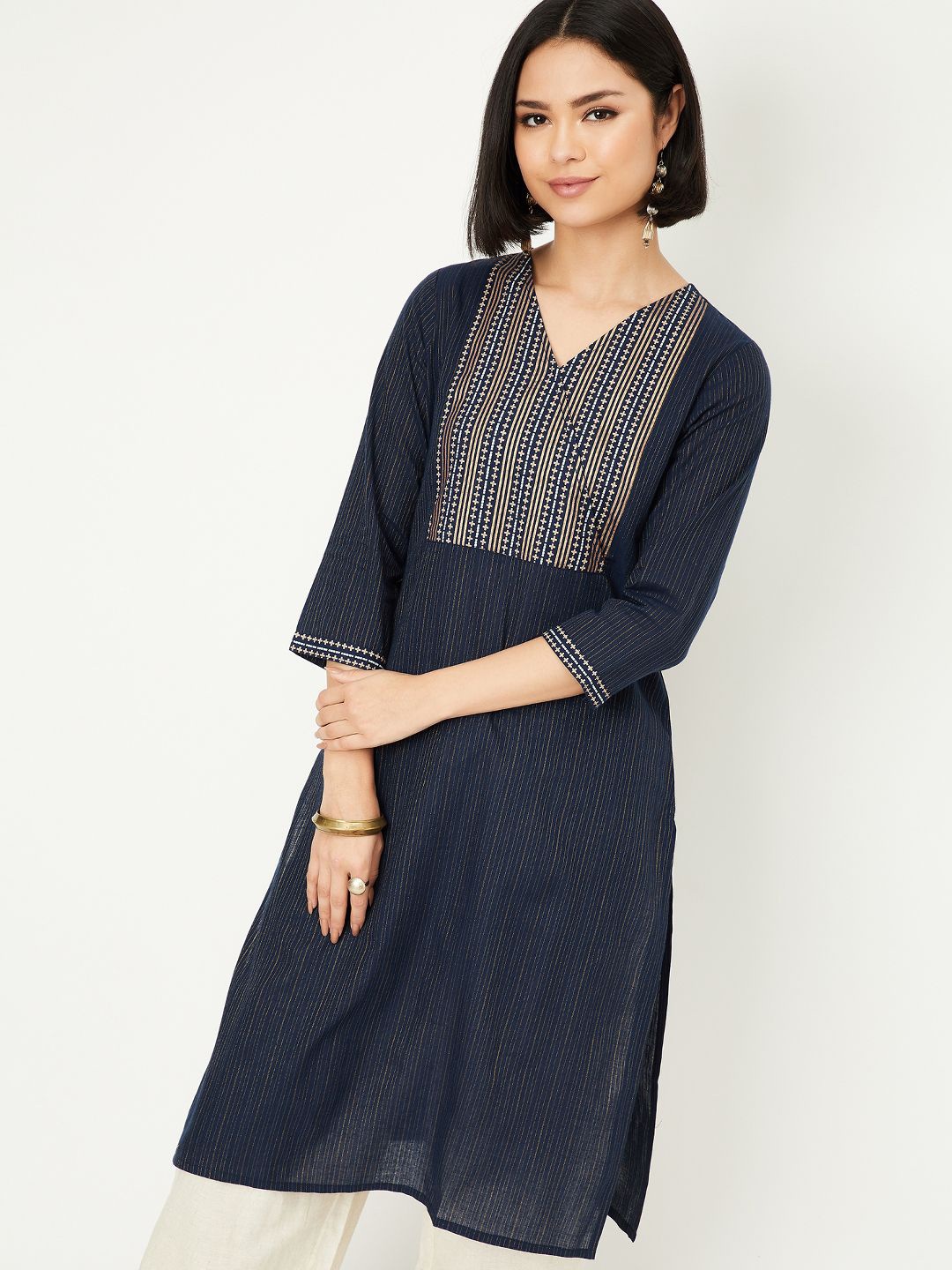 

max Women Geometric Printed V-Neck Straight Kurta, Blue