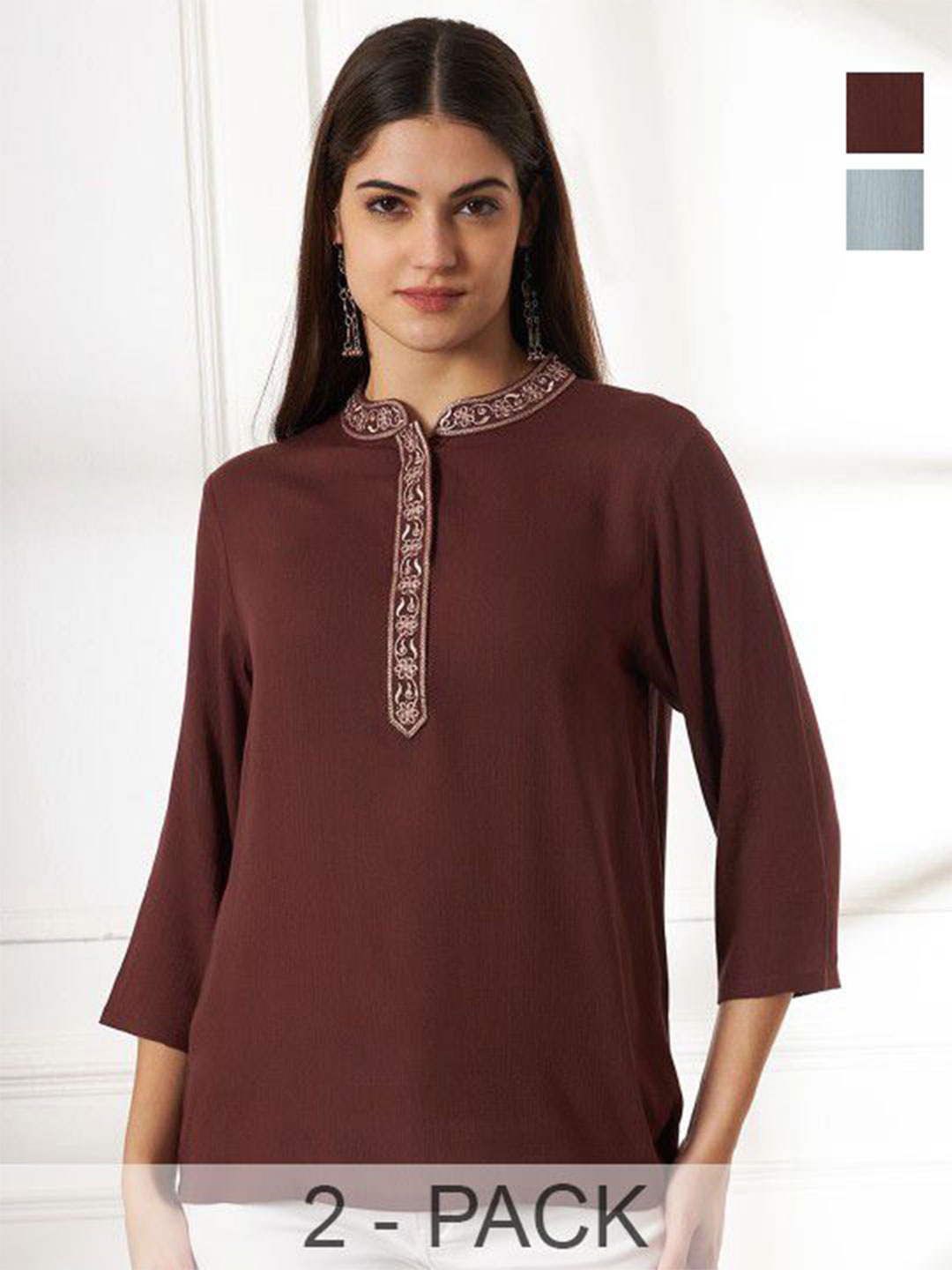 

Anouk Rustic Women Pack Of 2 Mandarin Collar Embroidered Tunics, Brown