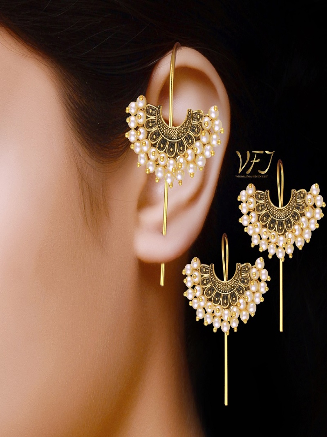 

Vighnaharta Gold-Plated Pearls Beaded Contemporary Shaped Ear Cuff