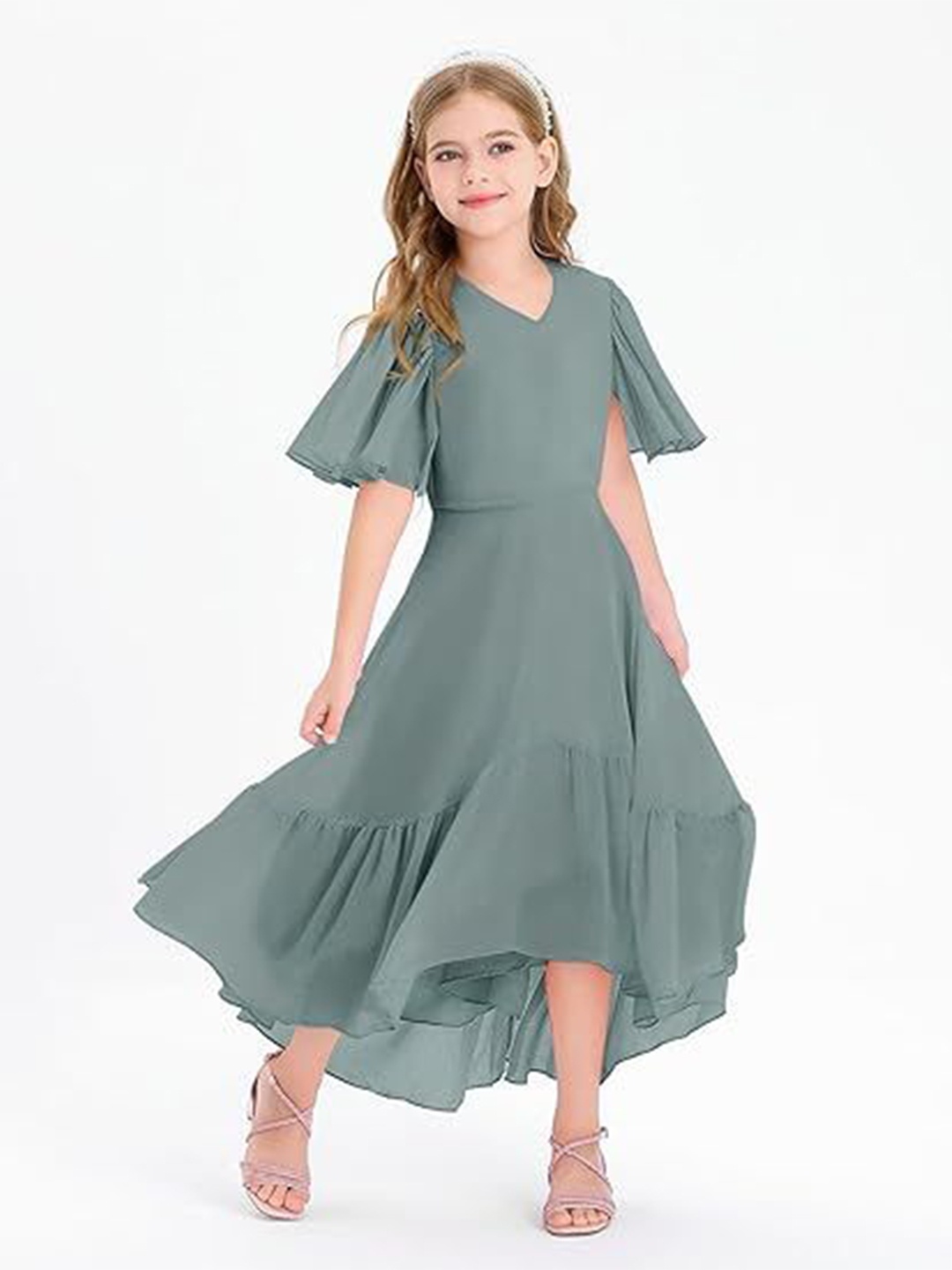 

R Cube Puff Sleeve Ruffled Georgette Fit & Flare Dress, Blue