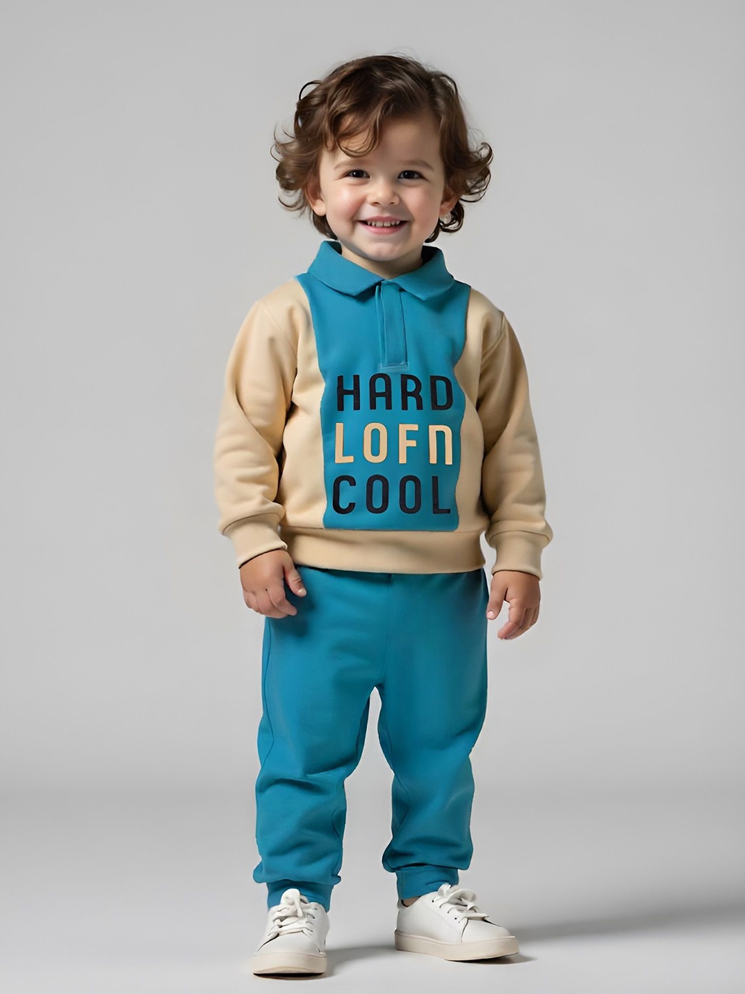 

Lofn Kids Printed Polo Collar Pure Cotton Sweatshirt With Joggers, Blue
