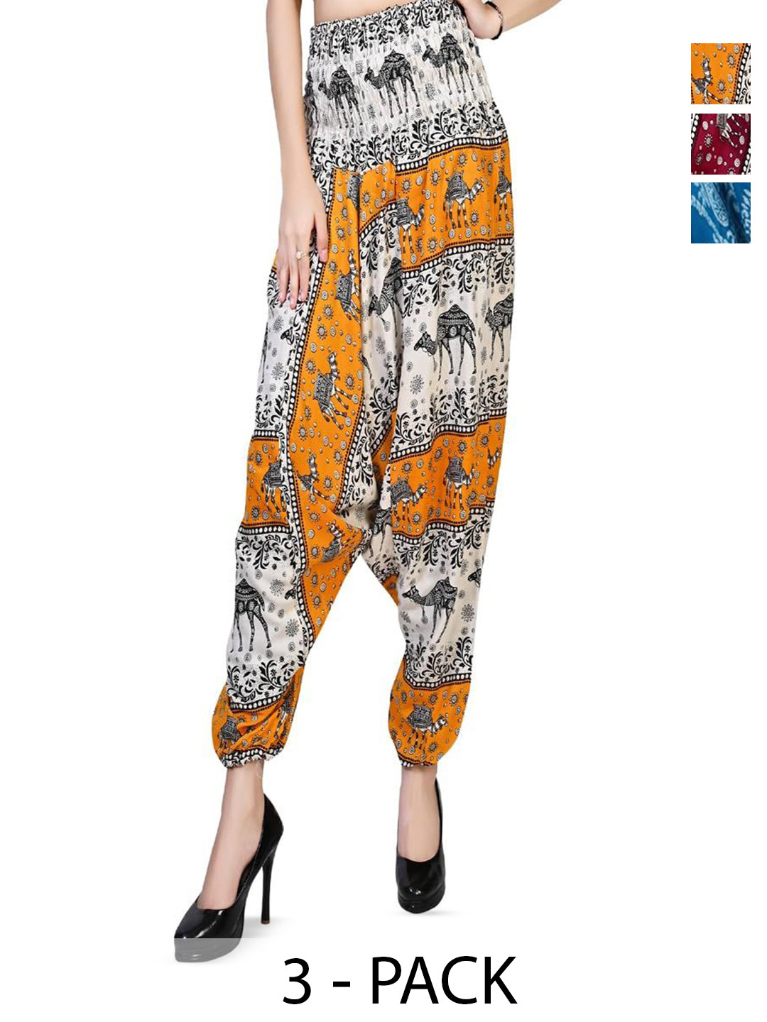 

NarNari Women Pack Of 3 Printed Mid-Rise Harem Pants, Yellow