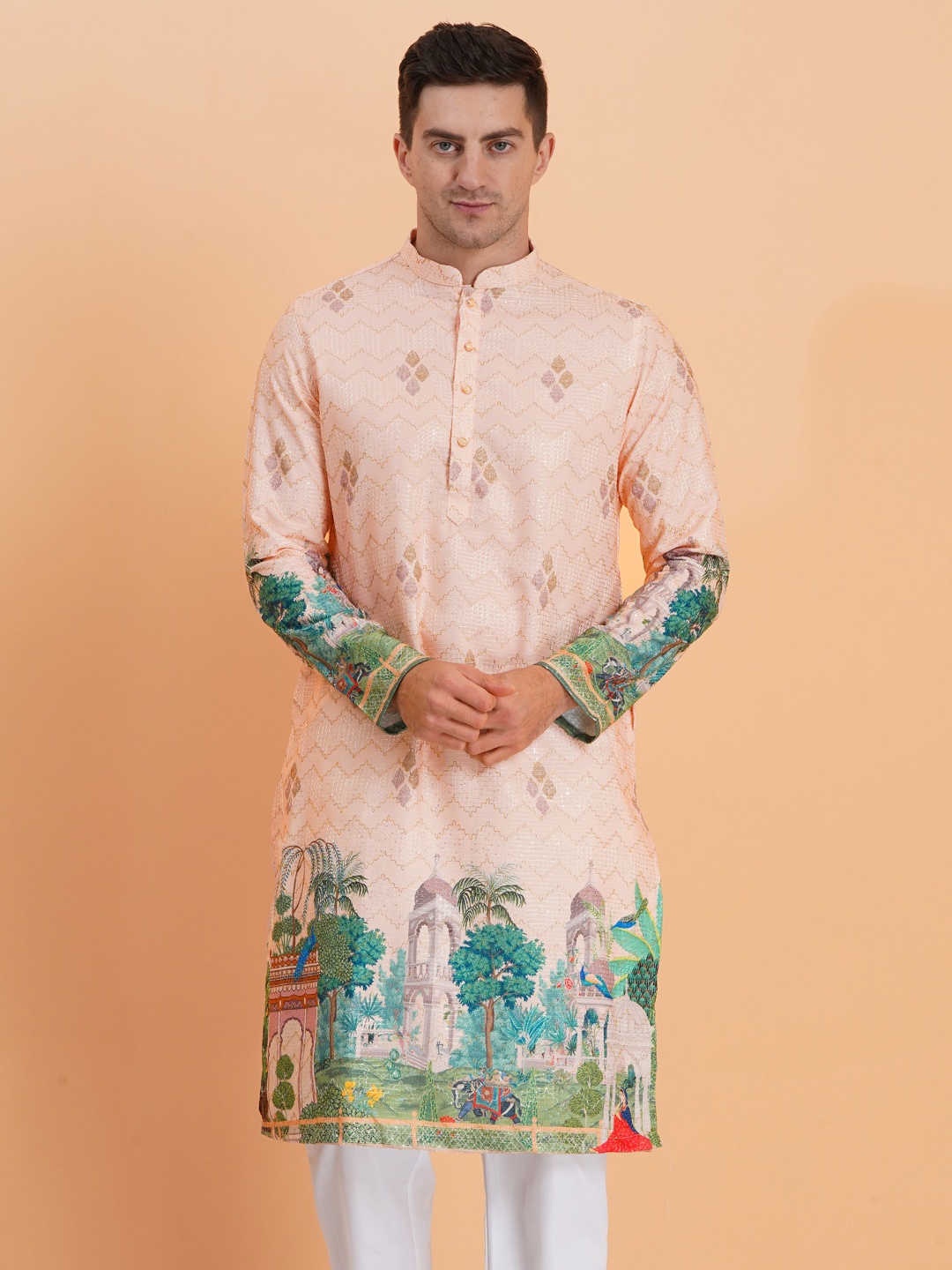 

SG LEMAN Men Floral Printed Mandarin Collar Kurta, Peach