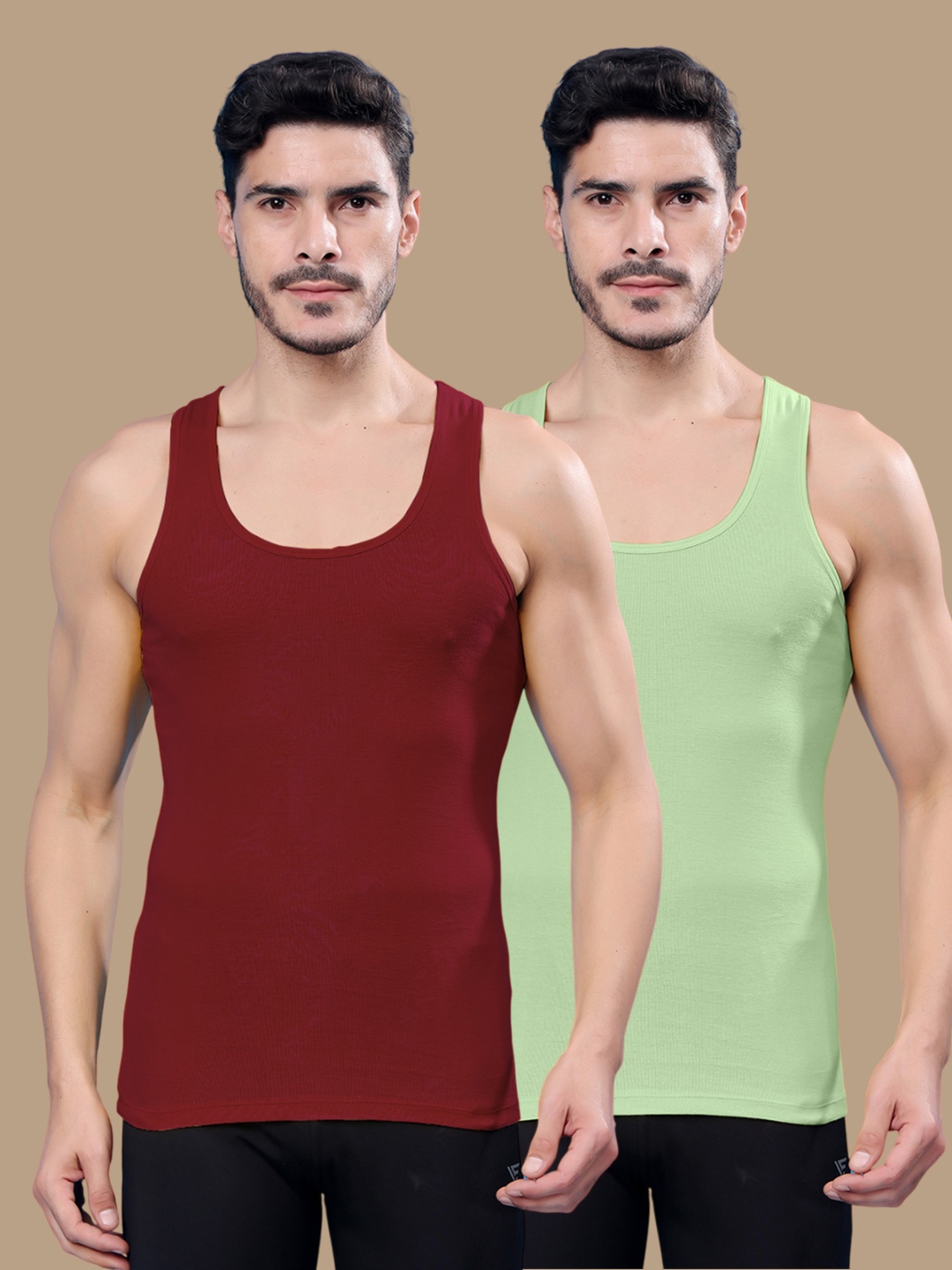 

Friskers Pack Of 2 Cotton Ribbed Gym Vest 24012025R-14-33, Maroon