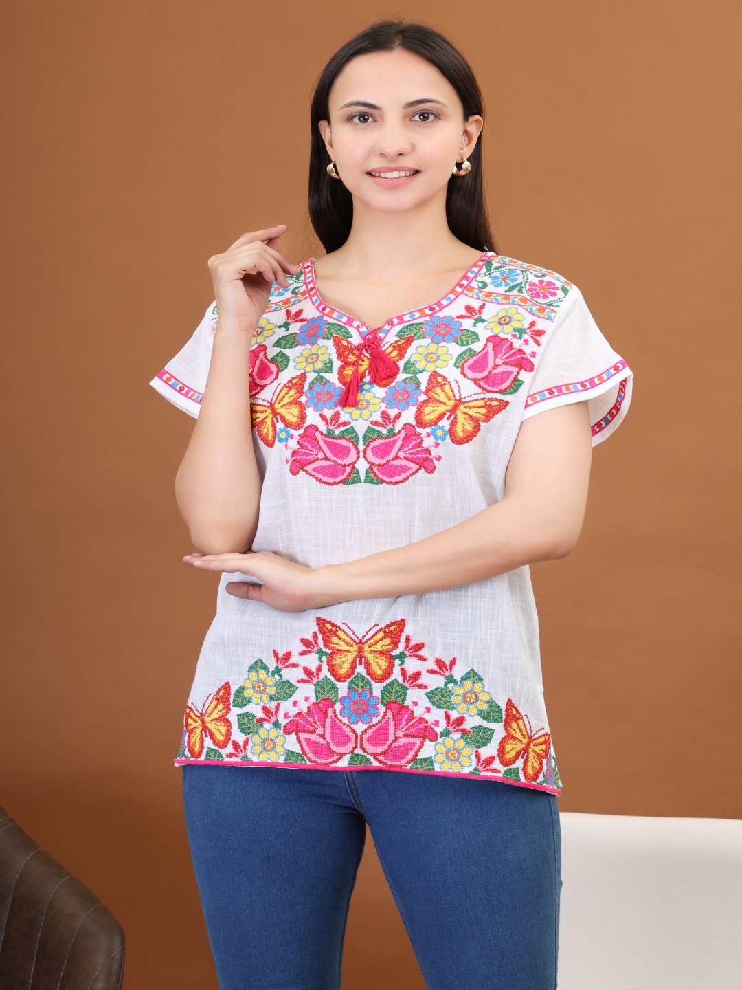 

Moda Rapido Women Floral Embroidered Flared Sleeves Pure Cotton Kurti, White