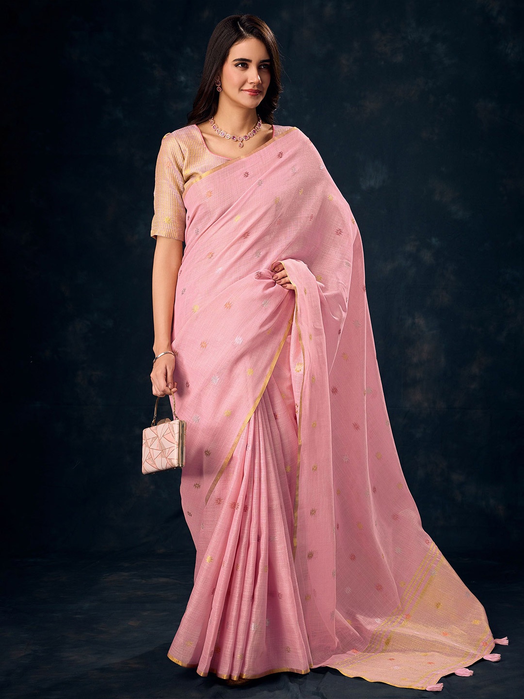 

Ethnielle Woven Design Zari Tissue Saree, Pink