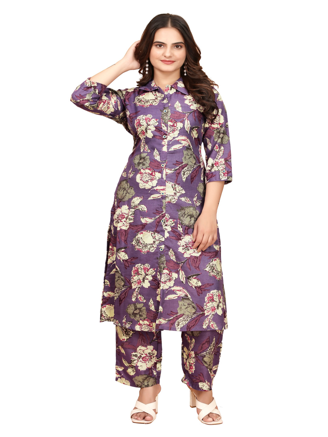 

Anouk Purple Floral Printed Shirt Collar Straight Kurta With Trousers