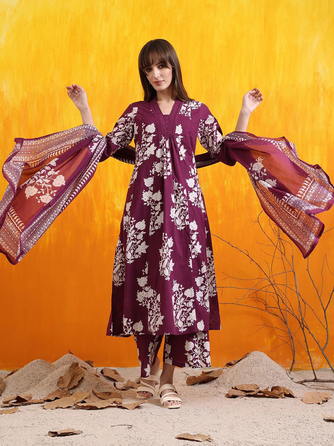 

KALINI Floral Printed Pleated V-Neck Sequinned A-Line Kurta With Palazzos And Dupatta, Purple