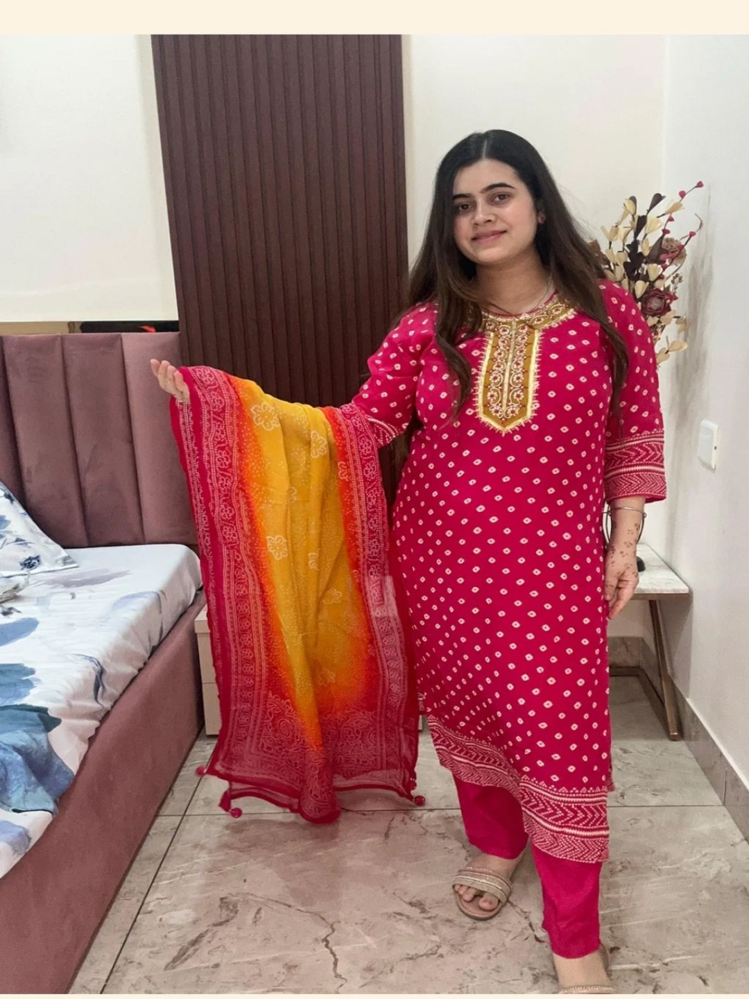 

GoSriKi Bandhani Printed Straight Thread Work Kurta With Trousers And Dupatta, Pink