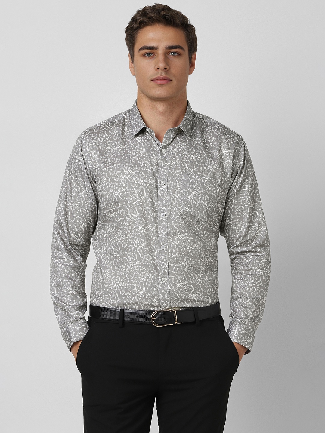 

V Dot Men Spread Collar Floral Printed Cotton Formal Shirt, Grey