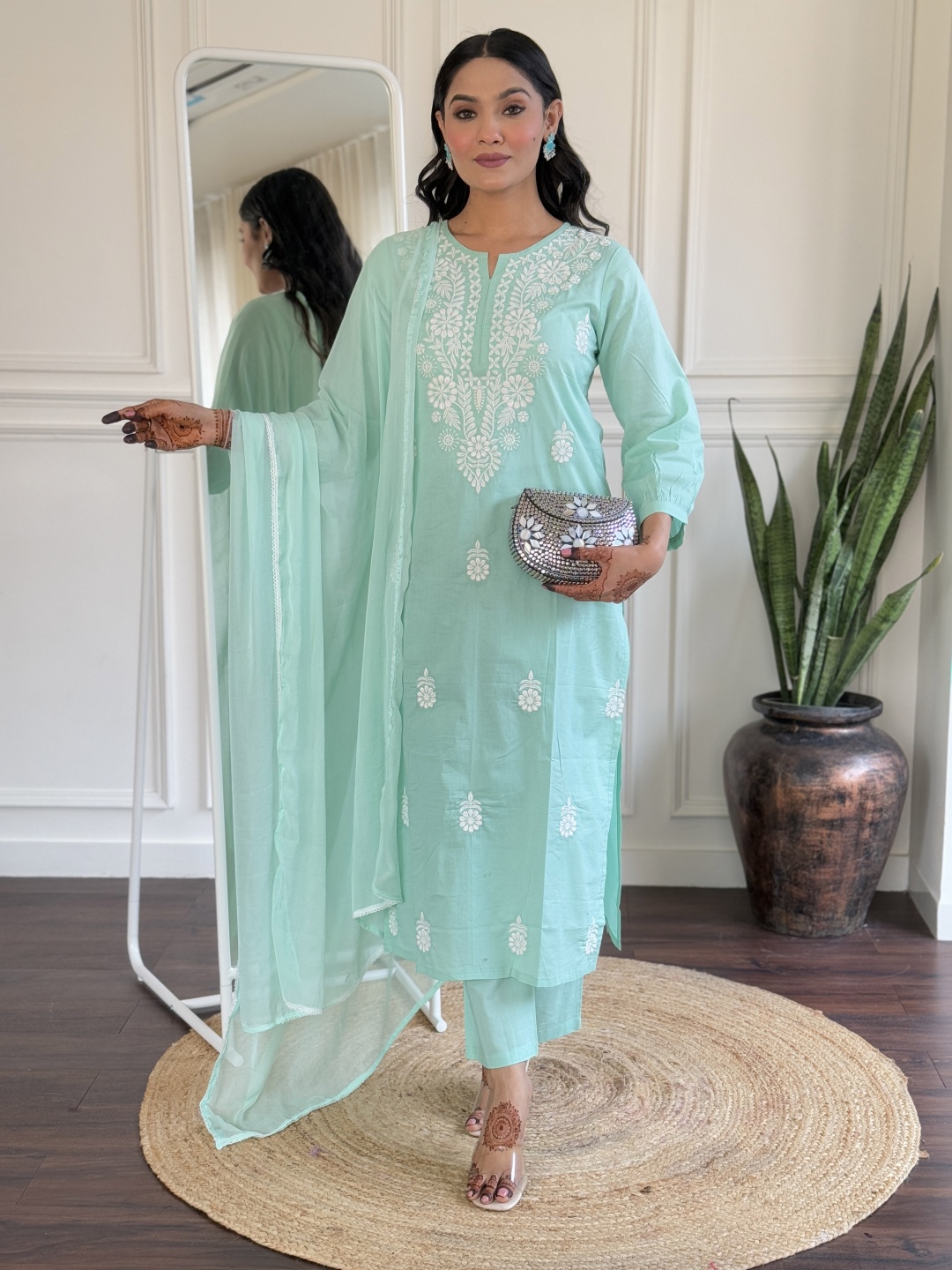 

KALINI Thread Work Notch Neck Straight Kurta With Trousers And Dupatta, Sea green