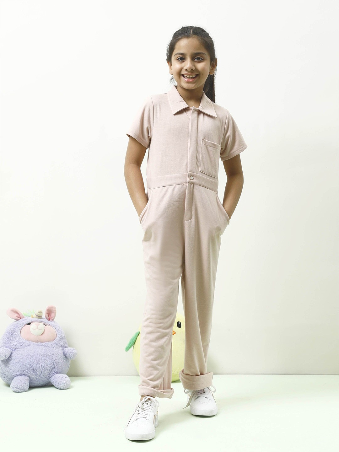 

Athena Girl Girls Cotton Shirt Collar Basic Jumpsuit, Pink