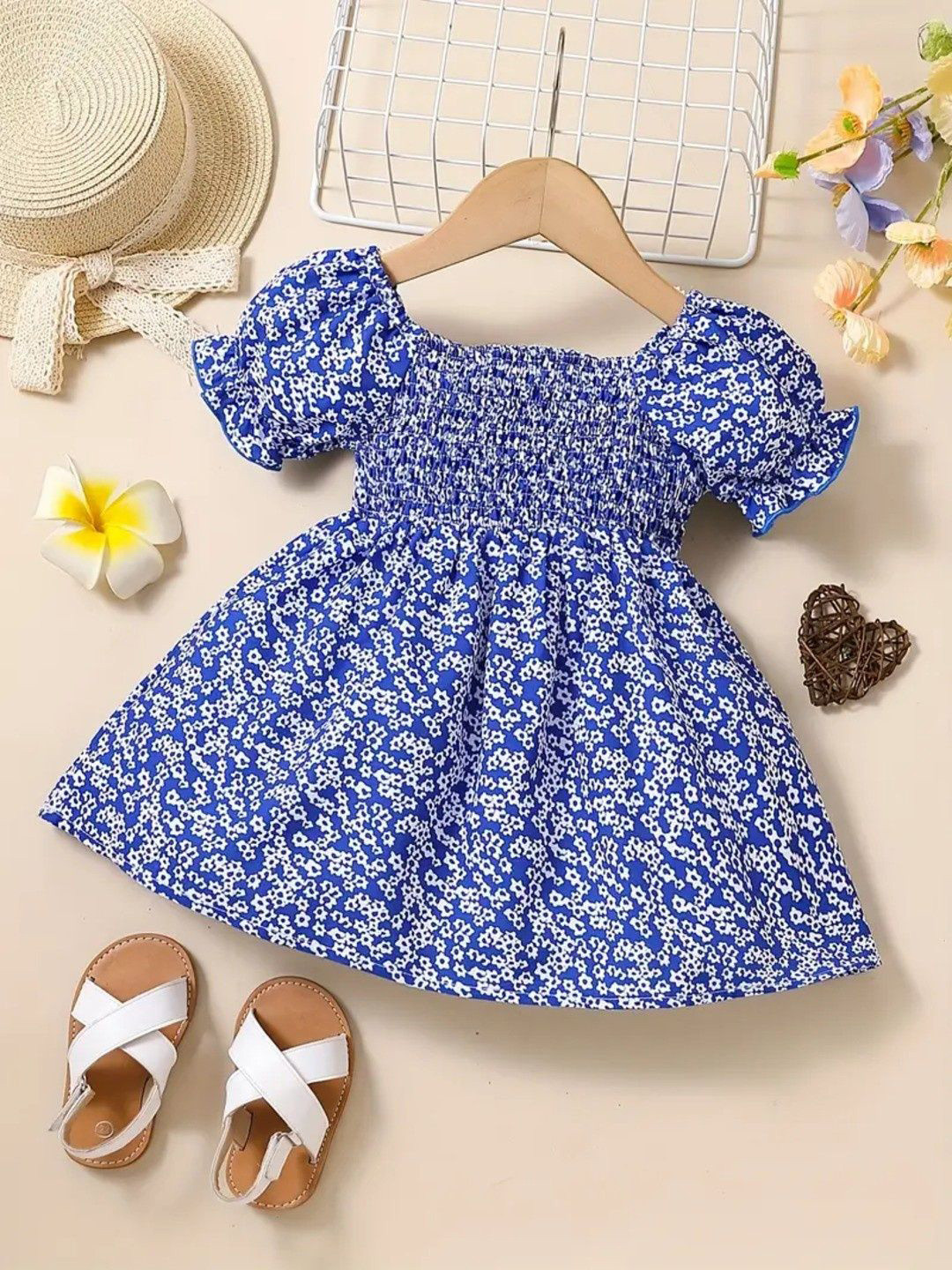 

BAESD Floral Striped Puff Sleeve Fit & Flare Dress, Blue